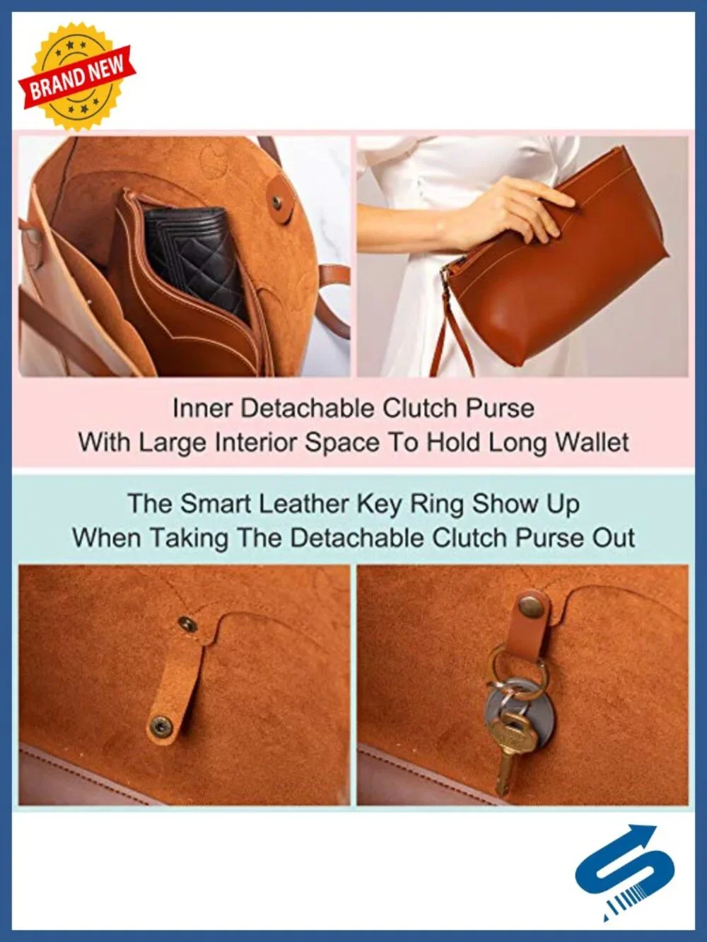 Vegan Leather Tote Bag with Detachable Clutch Purse, A4 Shoulder Handbag,